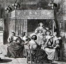 Les salons littéraires des précieuses avaient lieu dans la ruelle, c’est-à-dire placés entre le mur et  le lit où les invites s'asseyaient face à la dame.                            